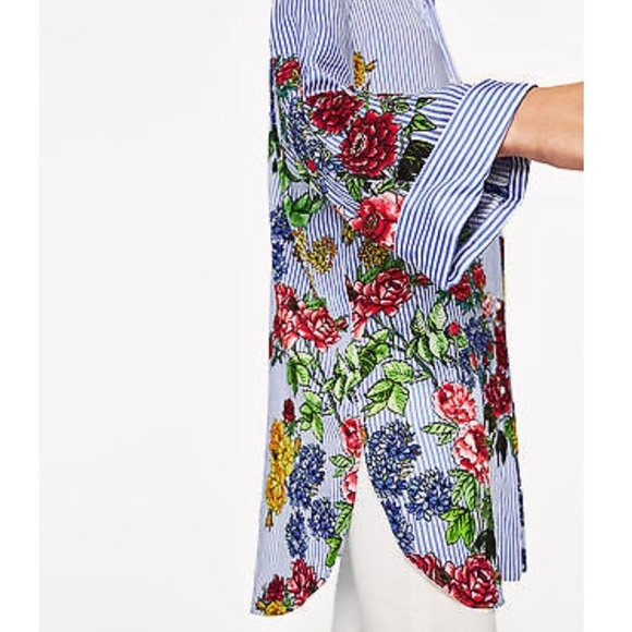 Zara Woman Pinstripe Floral Print Button Down Tunic Shirt Top - Picture 5 of 12
